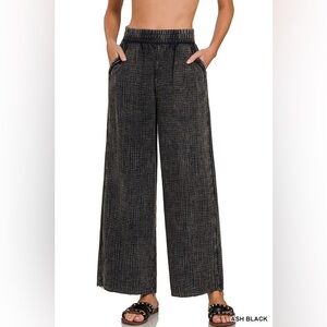 Zenana Black Washed Double Gauze Elastic Band Waist Pants